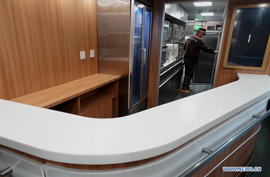 <?php echo strip_tags(addslashes(Photo taken on Jan. 6, 2019 shows the dining carriage of a CR200J train at the China Railway Shanghai Group Co., ltd. in Shanghai, east China. The CR200J train, with a centralized power system that runs 160-km-per-hour, will be put into use before the Spring Festival travel rush in 2019.(Xinhua/Chen Fei))) ?>