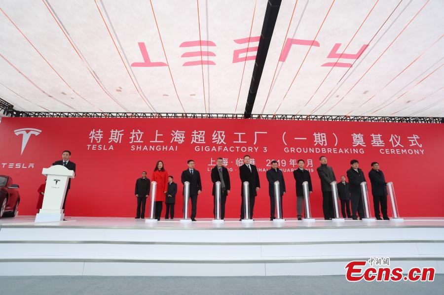 The Tesla Shanghai Gigafactory groundbreaking ceremony in Shanghai, Jan. 7, 2019. Tesla plans to begin making its Model 3 electric vehicles (EV) by year-end, a first step in localizing production in the world’s largest auto market. (Photo: China News Service/Zhang Hengwei)