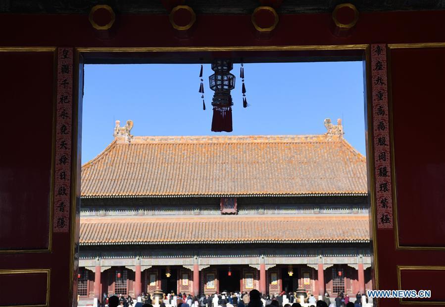 People visit the Palace Museum, also known as the Forbidden City, in Beijing, capital of China, Jan. 8, 2019. The Palace Museum presents exhibition of \