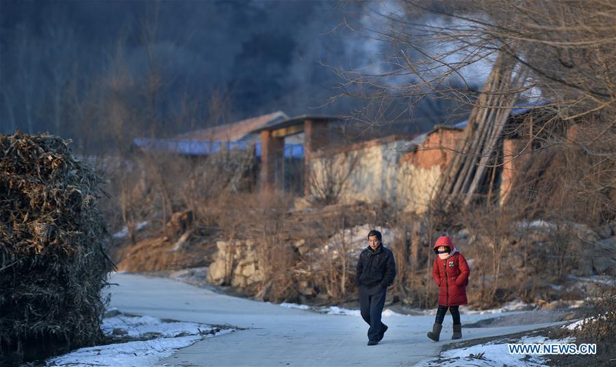 Hu Zhisheng and his student Sun Xiaofeng walk to school in Yantai Village of Lianhua Township in Tieling City, northeast China\'s Liaoning Province, Jan. 8, 2019. Located in a remote mountain village, most students of Yantai school had transferred to other places outside the mountain. Sun Xiaofeng, a third grade student, became the only student of the school in September last year taught by Hu Zhisheng, the only one faculty of Yantai primary school. (Xinhua/Yao Jianfeng)