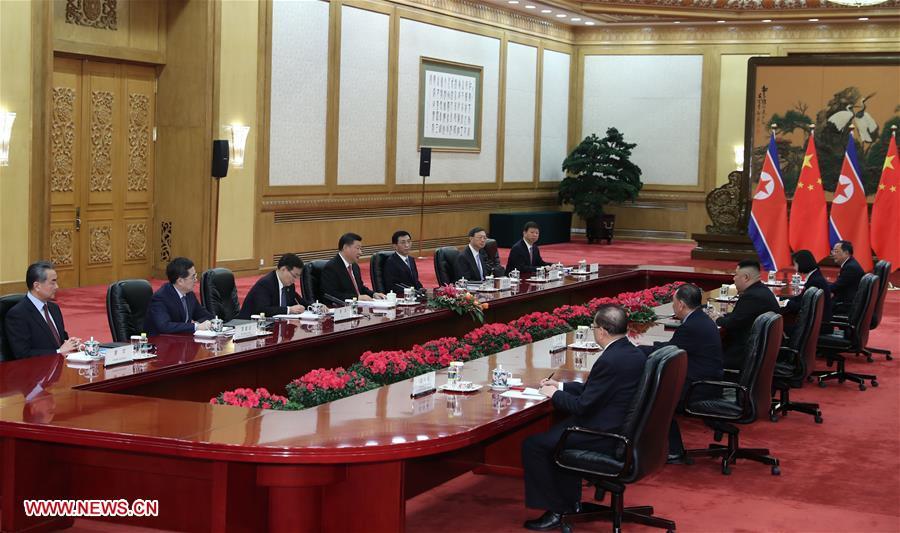 Xi Jinping, general secretary of the Central Committee of the Communist Party of China and Chinese president, holds talks with Kim Jong Un, chairman of the Workers\' Party of Korea and chairman of the State Affairs Commission of the Democratic People\'s Republic of Korea, in Beijing, capital of China, Jan. 8, 2019. Xi Jinping on Tuesday held talks with Kim Jong Un, who arrived in Beijing on the same day for a visit to China. (Xinhua/Xie Huanchi)