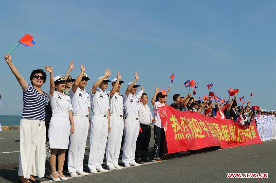 <?php echo strip_tags(addslashes(People welcome the 30th fleet of Chinese navy escort at Sihanoukville Autonomous Port, Cambodia, Jan. 9, 2019. The 30th Chinese naval escorting fleet, composed of missile frigates 