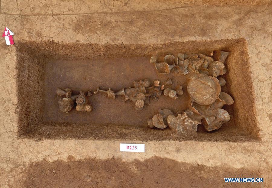 File photo shows burial objects from a tomb dating back to the the Neolithic age at the Chenghe ruins in Shayang County, central China\'s Hubei Province. Six archaeological findings including the Chenghe ruins were named as China\'s new discoveries in 2018 by the Chinese Academy of Social Sciences in Beijing, capital of China, Jan. 10, 2019. (Xinhua)