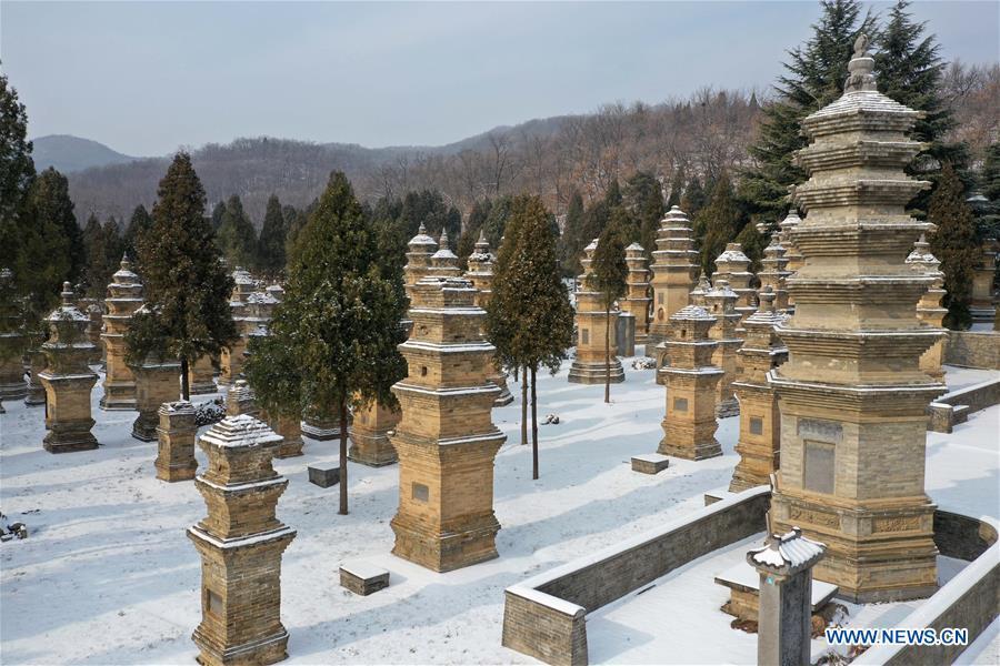 Aerial photo taken on Jan. 10, 2019 shows the snow-covered Pagoda Forest of Shaolin Temple in Dengfeng City, central China\'s Henan Province. (Xinhua/Feng Dapeng)