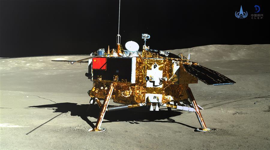 Photo taken by the lander of the Chang\'e-4 probe on Jan. 11, 2019 shows the rover Yutu-2 (Jade Rabbit-2). China announced Friday that the Chang\'e-4 mission, which realized the first-ever soft-landing on the far side of the moon, was a complete success. With the assistance of the relay satellite Queqiao (Magpie Bridge), the rover Yutu-2 (Jade Rabbit-2) and the lander of the Chang\'e-4 probe took photos of each other. (Xinhua/China National Space Administration)