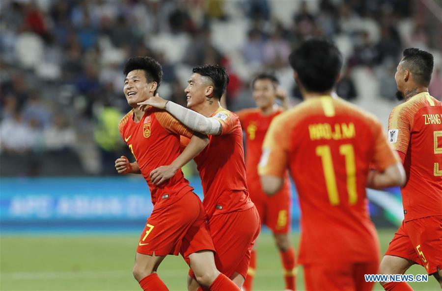 Wu Lei (1st L) of China celebrates scoring his second goal during the 2019 AFC Asian Cup UAE 2019 group C match between China and the Philippines in Abu Dhabi, the United Arab Emirates (UAE), Jan. 11, 2019. China won 3-0. (Xinhua/Ding Xu)