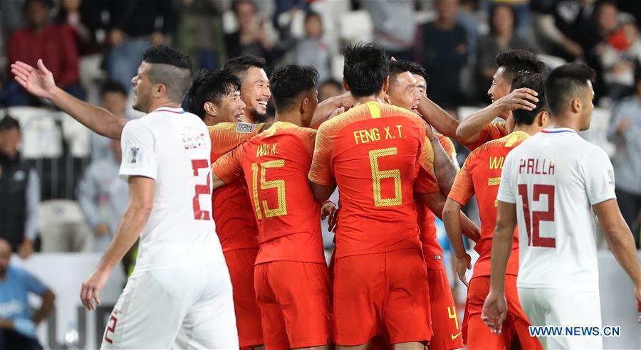 Wu Lei (C) of China celebrates scoring during the 2019 AFC Asian Cup UAE 2019 group C match between China and the Philippines in Abu Dhabi, the United Arab Emirates (UAE), Jan. 11, 2019. China won 3-0. (Xinhua/Cao Can)