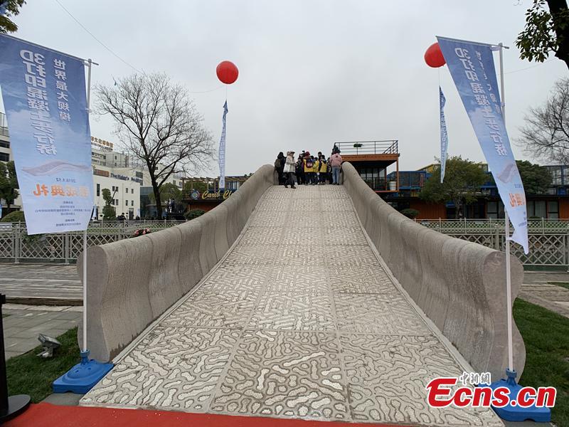 A ground view of the 3D-printed structure in Shanghai, China on Jan. 12, 2019. Before work began printing the bridge, a 1:4 scale bridge was constructed, and was shown to be able to meet all structural requirements. (Photo/China News Service)