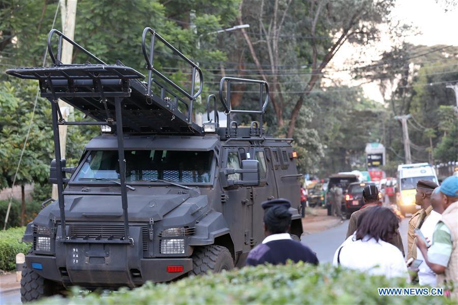People are evacuated from the site of an attack at an upmarket hotel and office complex in Nairobi, Kenya, on Jan. 15, 2019. At least six people have been confirmed dead and several others injured following an attack at an upmarket hotel and office complex in Nairobi on Tuesday, police said.(Xinhua/Lyu Shuai)