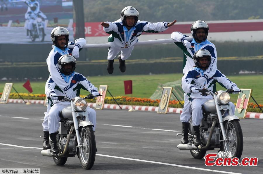 <?php echo strip_tags(addslashes(Indian Army's Corp of Signals' Dare Devil team displays their skills during the Army Day parade, at Cariappa Parade Ground on Jan. 15, 2019 in New Delhi, India. The Army Day is celebrated to commemorate the day when Field Marshal M. Cariappa took over as Commander-in-Chief of the Indian Army from General Sir Francis Butcher on Jan. 15, 1949. (Photo/Agencies))) ?>