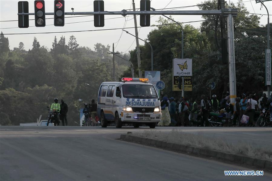 An ambulance is seen near the site of an attack at an upmarket hotel and office complex in Nairobi, Kenya, on Jan. 15, 2019. At least six people have been confirmed dead and several others injured following an attack at an upmarket hotel and office complex in Nairobi on Tuesday, police said. (Xinhua/Lyu Shuai)
