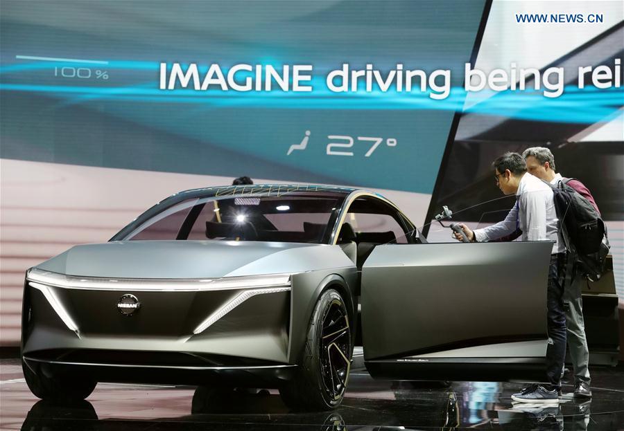 Photo taken on Jan. 15, 2019 shows a Nissan EV concept vehicle IMs at the 2019 North American International Auto Show (NAIAS) in Detroit, the United States. The annual Detroit auto show opened Monday and will last till Jan. 27. (Xinhua/Wang Ping)