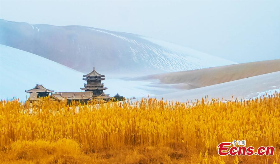 The Crescent Spring and Singing-Sand Dunes scenic spot in Dunhuang City, Northwest China\'s Gansu Province, after its first snow of the year, Jan. 19, 2019. Riding a camel across the desert landscape has become a popular activity for tourists to the area. (Photo: China News Service/Wang Binyin)