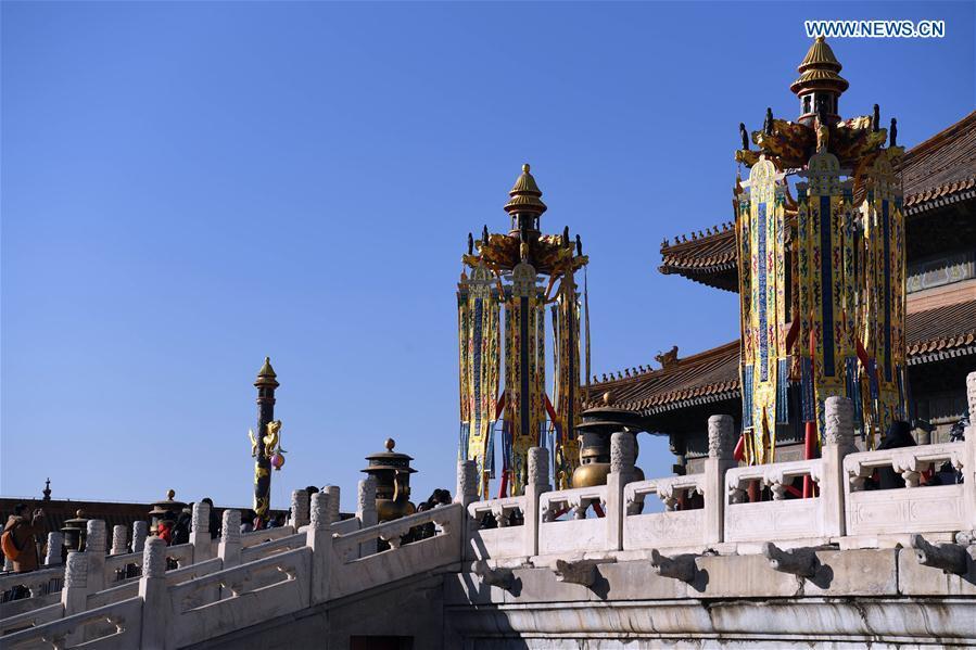 Heavenly lanterns and longevity lanterns are installed before the Qianqing Gong, or the Palace of Heavenly Purity, at the Palace Museum, also known as the Forbidden City, in Beijing, capital of China, Jan. 21, 2019. The traditional lanterns recovered by the Palace Museum in accordance with historical archives from the Qing Dynasty (1644-1911) are opened to the public Monday, as a part of the exhibition of \