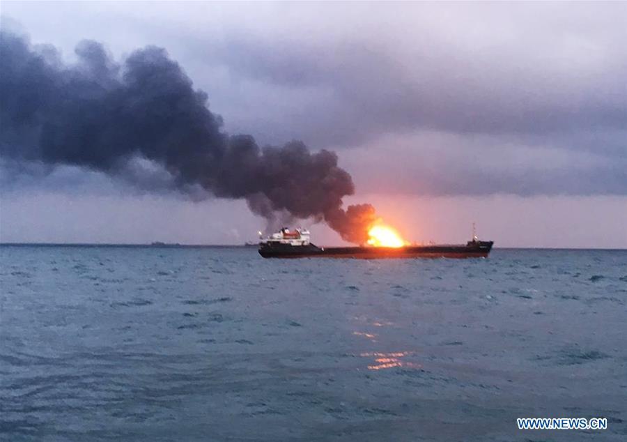 <?php echo strip_tags(addslashes(Photo taken on Jan. 21, 2019 shows a burning ship in the Kerch Strait. Two ships caught fire after a possible explosion while moving through the Kerch Strait, killing one sailor on board, Russia's Federal Agency of Maritime and River Transport (Rosmorrechflot) said Monday. (Xinhua/Sputnik))) ?>