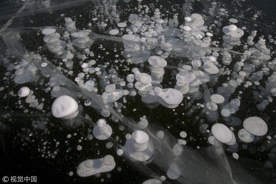 Air bubbles appear in ice in the frozen Songhua River in Jilin City, Jilin Province, Jan. 22, 2019. (Photo/VCG)