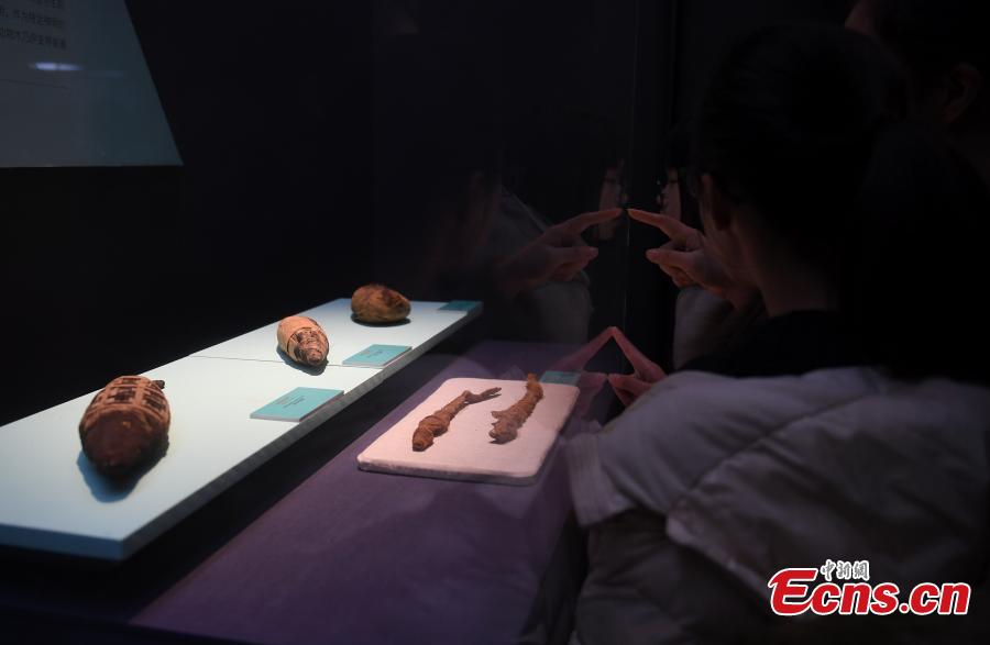 A total of 180 relics collected by museums in Italy are on display at The Land of the Pharaohs: An Exhibition of Ancient Egypt at Zhejiang Museum in Hangzhou City, East China\'s Zhejiang Province, Jan. 22, 2019. (Photo: China News Service/Wang Gang)