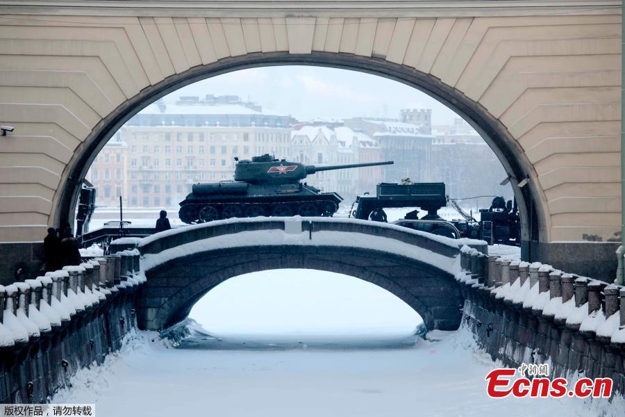 A rehearsal for the military parade which will take place at Dvortsovaya (Palace) Square on Jan. 27 to celebrate the 75th anniversary of the end of the Siege of Leningrad, in St. Petersburg, Russia, Jan. 24, 2019. The Nazi German and Finnish siege and blockade of Leningrad, now known as St. Petersburg, was broken on Jan. 18, 1943 but finally lifted Jan. 27, 1944. (Photo/Agencies)