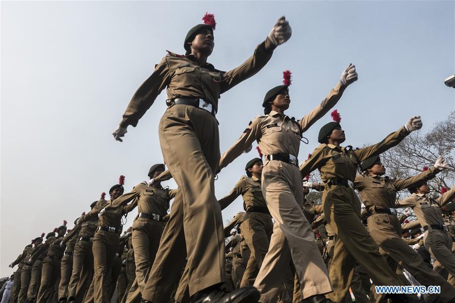Indian security personnel take part in the final rehearsal of the upcoming India Republic Day parade in Kolkata, India, Jan. 24, 2019. India will celebrate its Republic Day on Jan. 26, 2019. (Xinhua/Tumpa Mondal)