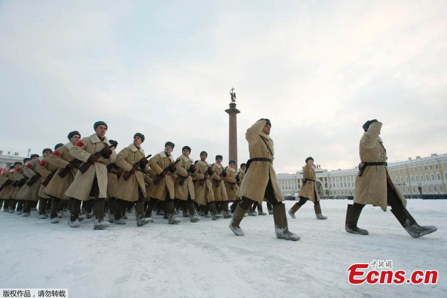 A rehearsal for the military parade which will take place at Dvortsovaya (Palace) Square on Jan. 27 to celebrate the 75th anniversary of the end of the Siege of Leningrad, in St. Petersburg, Russia, Jan. 24, 2019. The Nazi German and Finnish siege and blockade of Leningrad, now known as St. Petersburg, was broken on Jan. 18, 1943 but finally lifted Jan. 27, 1944. (Photo/Agencies)