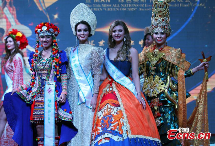Participants compete in the world final of the 53rd Miss All Nations in Nanjing City, Jiangsu Province, Jan. 29, 2019. The pageant with the theme of eco-tourism included components of evening dress, bikini and national costumes. Participants from Russia, Mexico and Vietnam won the top three places. (Photo: China News Service/Yang Bo)