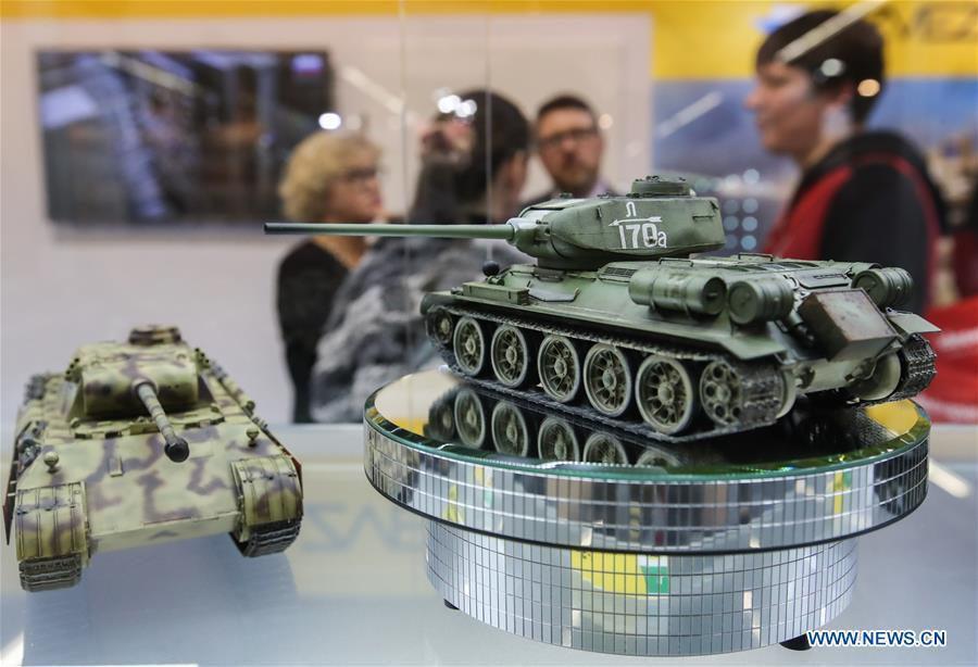 Photo taken on Jan. 30, 2019 shows model tanks displayed at the booth of Zvezda in the Spielwarenmesse exhibition in Nuremberg, Germany. Spielwarenmesse, a leading international fair for toys, hobbies and leisure, kicked off in Nuremberg on Wednesday. Around 2,900 manufacturers from all over the world gathered at the annual trade fair, which will last until Feb. 3 and is expected to attract 71,000 visitors from over 125 nations and regions. (Xinhua/Shan Yuqi)