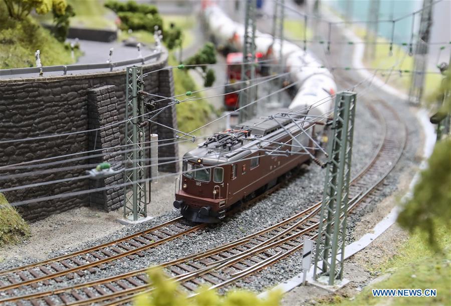 A model train is displayed at the booth of Roco in the Spielwarenmesse exhibition in Nuremberg, Germany, Jan. 30, 2019. Spielwarenmesse, a leading international fair for toys, hobbies and leisure, kicked off in Nuremberg on Wednesday. Around 2,900 manufacturers from all over the world gathered at the annual trade fair, which will last until Feb. 3 and is expected to attract 71,000 visitors from over 125 nations and regions. (Xinhua/Shan Yuqi)