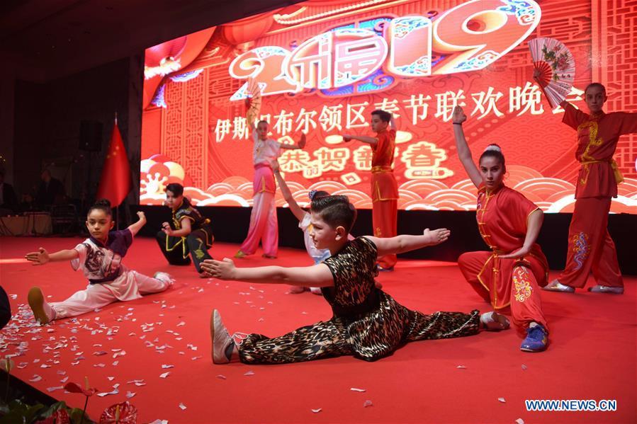 Martial arts fans perform Chinese Kung Fu during a gala held by the Chinese Consulate-General in Istanbul to greet the upcoming Chinese Lunar New Year in Istanbul, Turkey, Jan. 31, 2019. (Xinhua/Xu Suhui)
