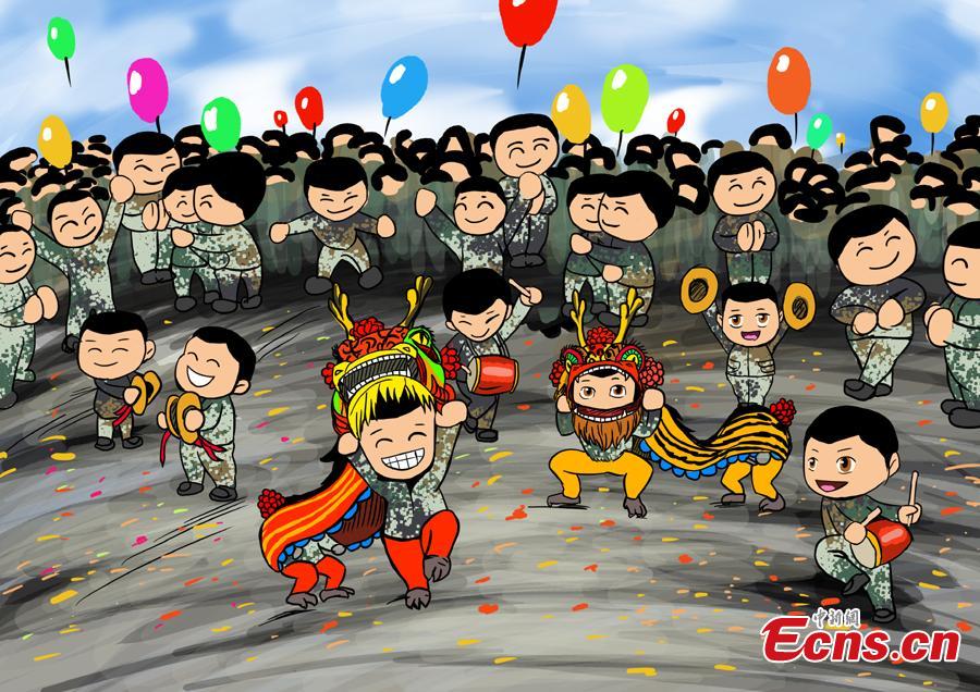 <?php echo strip_tags(addslashes(Cartoons created by armed police are on display to celebrate the Spring Festival, China’s Lunar New Year on Feb. 5. The drawings featured traditional Chinese culture and customs including dragon dance and making dumplings. (Photo: China News Service/Luo Qiuyang))) ?>
