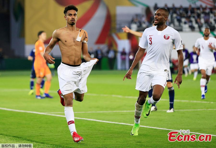 <?php echo strip_tags(addslashes(Qatar's Akram Afif celebrates scoring their third goal with team mates at the Zayed Sports City Stadium, Abu Dhabi, United Arab Emirates, February 1, 2019. Qatar stunned four-time champion Japan 3-1 to win the AFC Asian Cup for the first time as striker Almoez Ali scored his record-breaking ninth goal in the tournament on Friday. (Photo/Agencies))) ?>