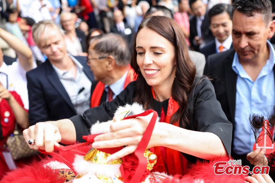 Jacinda Ardern, Prime Minister of New Zealand, attends a celebration of the Chinese Lunar Near Year in Auckland, New Zealand, Feb. 2, 2019. Some 20,000 people watched shows including line and dragon dances and other entertainment programs. (Photo: China News Service/Zhang Jianyong)