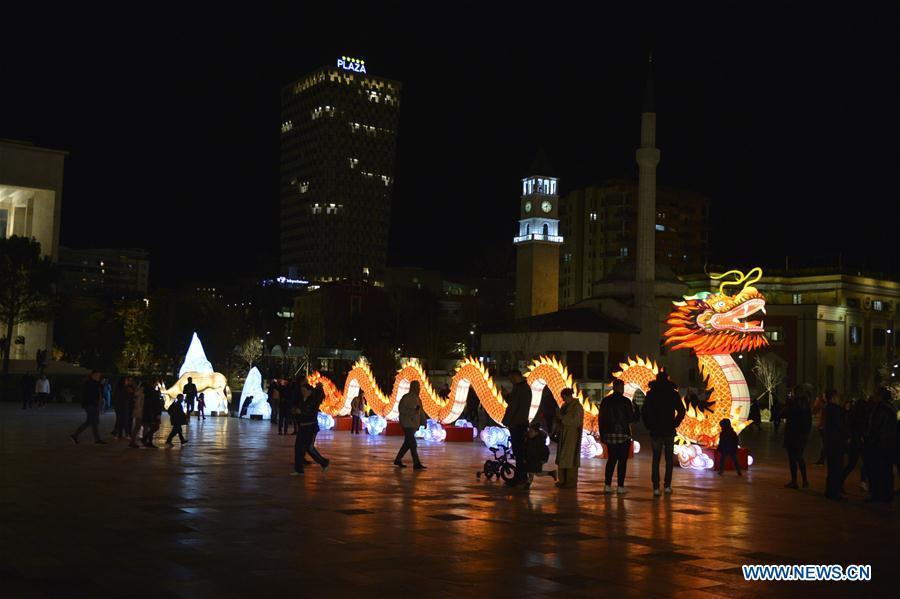 <?php echo strip_tags(addslashes(A Chinese dragon-shaped lantern is seen at the Chinese Lantern Festival in Tirana, capital of Albania, on Feb. 1, 2019. Albania joined the celebration of the Chinese New Year, with a ceremony marking the opening of 