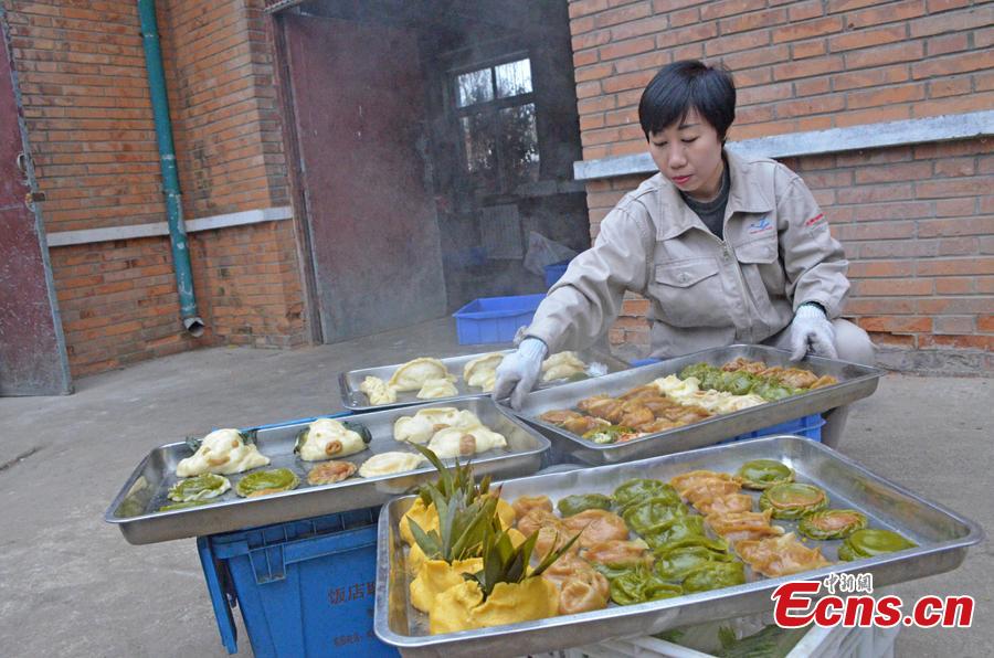 A breeder prepares dumplings for animals in the Tianjin Zoo, Feb. 2, 2019. Nutritionists have prepared dumplings with different filling for the animals in the zoo.(Photo: China News Service/Tong Yu)