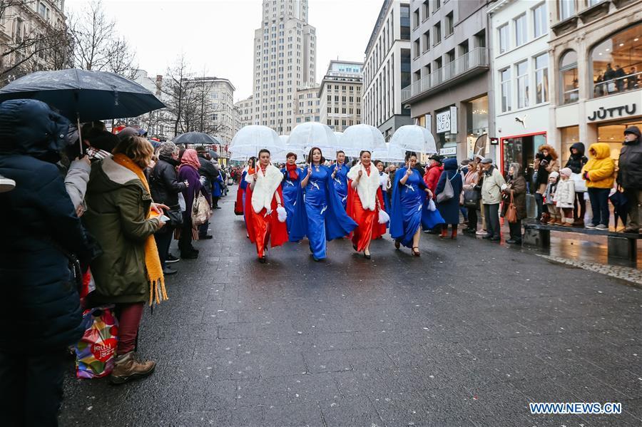 People take part in the 2019 Spring Festival parade in downtown Antwerp, Belgium, on Feb. 2, 2019. A long parade was held in the Belgian city of Antwerp on Saturday as part of the 2019 Spring Festival organized by the local Chinese community and Antwerp to mark the beginning of the Chinese New Year. (Xinhua/Zhang Cheng)
