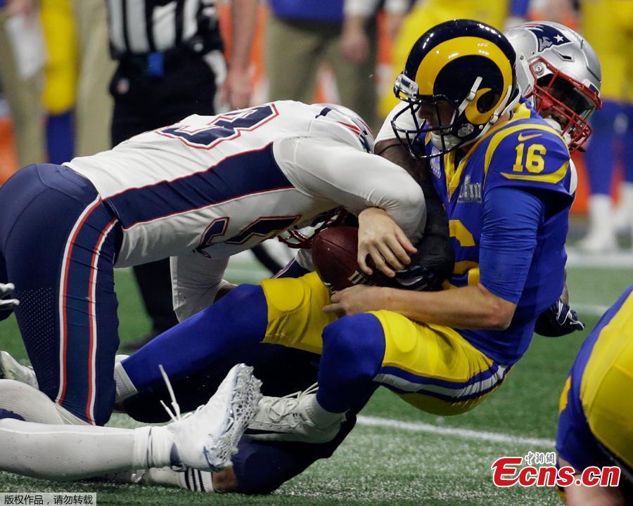 New England Patriots\' Kyle Van Noy (53) sacks Los Angeles Rams\' Jared Goff (16) during the second half of the NFL Super Bowl 53 football game Sunday, Feb. 3, 2019, in Atlanta. The New England Patriots beat the Los Angeles Rams 13-3 on Sunday to capture a National Football League record-tying sixth Super Bowl title. (Photo/Agencies)