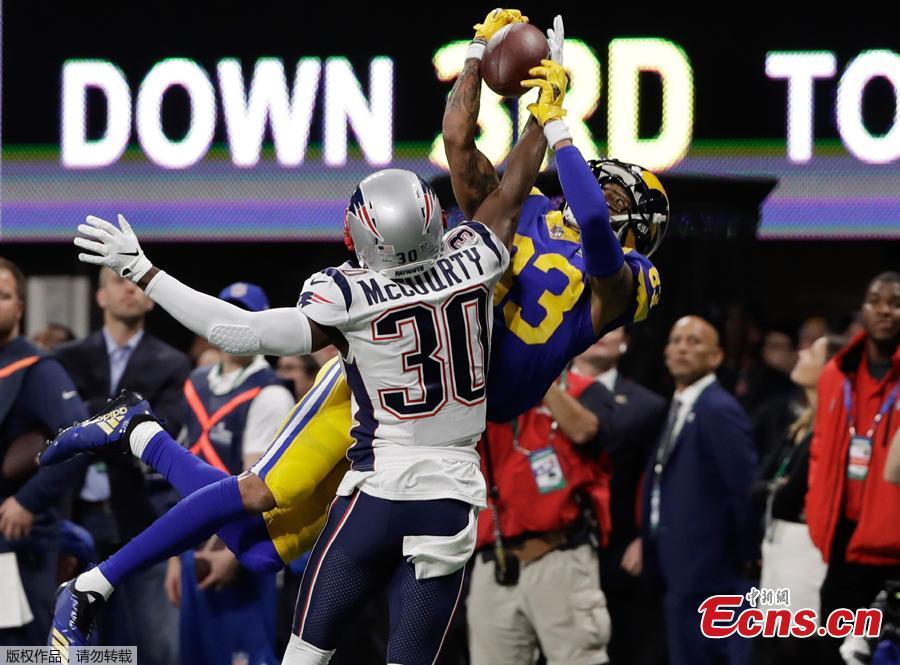 New England Patriots\' Jason McCourty (30) breaks up pass intended Los Angeles Rams\' Josh Reynolds (83), during the first half of the NFL Super Bowl 53 football game Sunday, Feb. 3, 2019, in Atlanta. The New England Patriots beat the Los Angeles Rams 13-3 on Sunday to capture a National Football League record-tying sixth Super Bowl title.(Photo/Agencies)