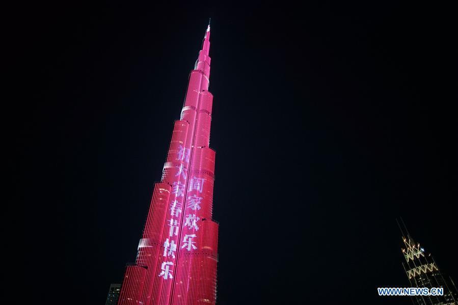 <?php echo strip_tags(addslashes(Light show is seen at Burj Khalifa, the world's tallest building, to celebrate the Chinese Lunar New Year in Downtown Dubai, the United Arab Emirates (UAE), Feb. 4, 2019. The Chinese Lunar New Year falls on Feb. 5 this year. (Xinhua/Mahmoud Khaled))) ?>