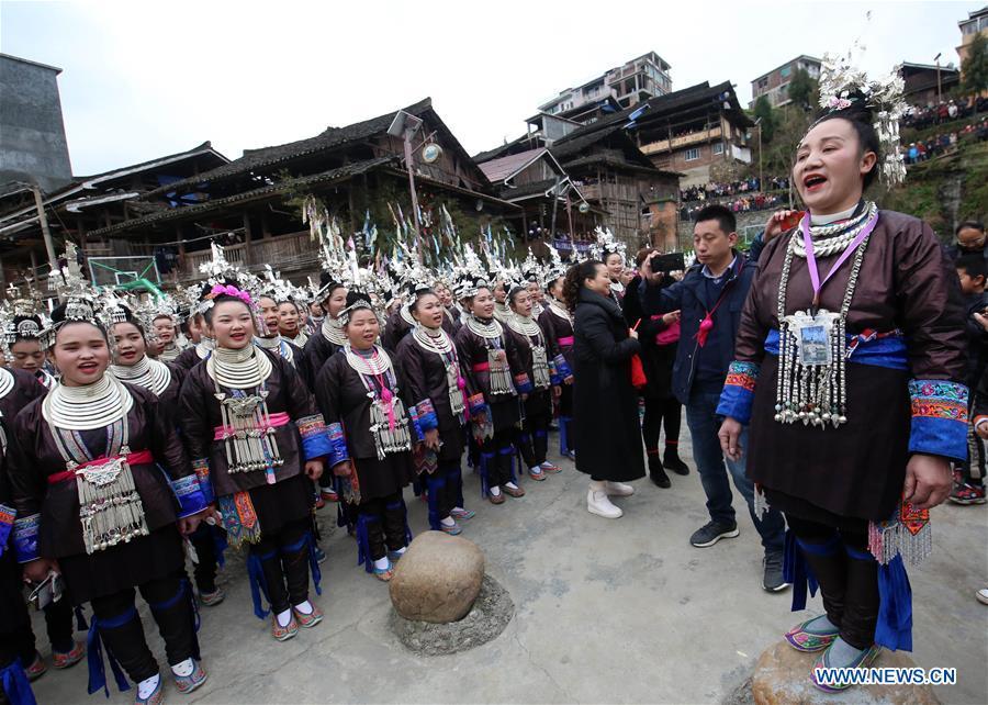 People of Dong ethnic group perform during the Spring Festival holiday in Dingdong Village of Qiandongnan Miao and Dong Autonomous Prefecture, southwest China\'s Guizhou Province, Feb. 8, 2019. (Xinhua/Long Linzhi)