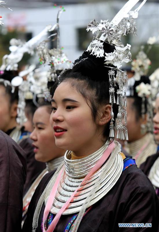 People of Dong ethnic group perform during the Spring Festival holiday in Dingdong Village of Qiandongnan Miao and Dong Autonomous Prefecture, southwest China\'s Guizhou Province, Feb. 8, 2019. (Xinhua/Long Tao)