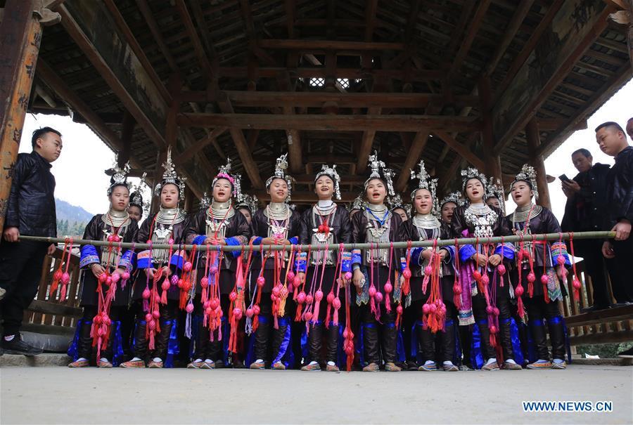 People of Dong ethnic group perform during the Spring Festival holiday in Dingdong Village of Qiandongnan Miao and Dong Autonomous Prefecture, southwest China\'s Guizhou Province, Feb. 8, 2019. (Xinhua/Long Tao)