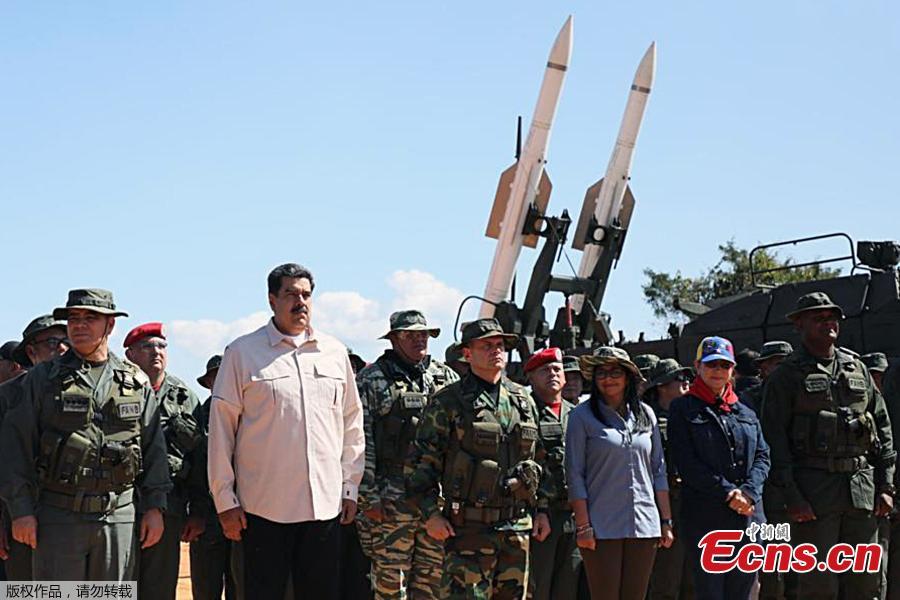 Venezuelan President Nicolas Maduro leads military exercises on Sunday, Feb. 10, 2019, pledging to strengthen the country\'s anti-aircraft defensive system. Maduro said he will make \