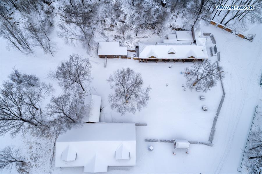 Aerial photo taken on Feb. 12, 2019 shows a snow view of the Yudu Mountain in Yanqing District of Beijing, capital of China. A snowfall hit Beijing on Tuesday. (Xinhua/Wei Lai)