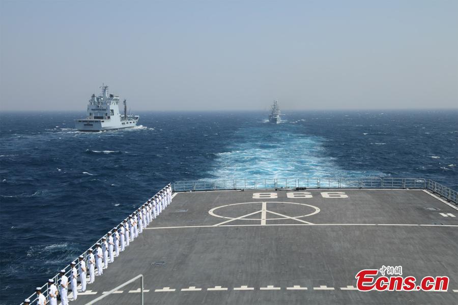 <?php echo strip_tags(addslashes(Ships participating in the multinational military drill Peace-19 held in the waters off Karachi, Pakistan from Feb. 11 to 12. The drill undertook 23 programs including ship supply and maneuvers against a pirate attack (Photo: China News Service/Xue Chengqiang))) ?>