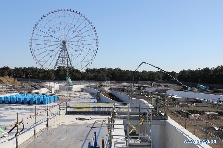 Kasai Canoe Slalom Centre, one of the Tokyo 2020 Olympic Games venues, is under construction in Tokyo, Japan, on Feb. 12, 2019. This venue for canoe slalom games has been finished 74% construction works till the end of last month. (Xinhua/Du Xiaoyi)