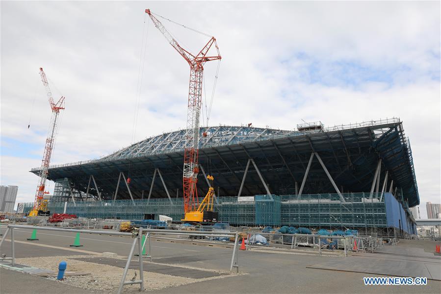 Ariake Gymnastics Centre, one of the Tokyo 2020 Olympic Games venues, is under construction in Tokyo, Japan, on Feb. 12, 2019. This venue for gymnastics games has been finished 62% construction works till the end of last month. (Xinhua/Du Xiaoyi)