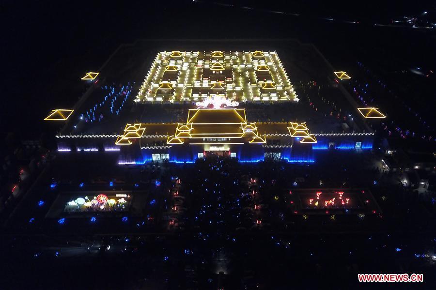 <?php echo strip_tags(addslashes(Aerial photo taken on Feb. 12, 2019 shows the Winding Yellow River Lamp Array, a temporary maze installation for the locals to go through to get a good omen in the rest days of the year, in Gucheng Village of Jiantan Town in Zhangye City, northwest China's Gansu Province. (Xinhua/Fan Peishen))) ?>