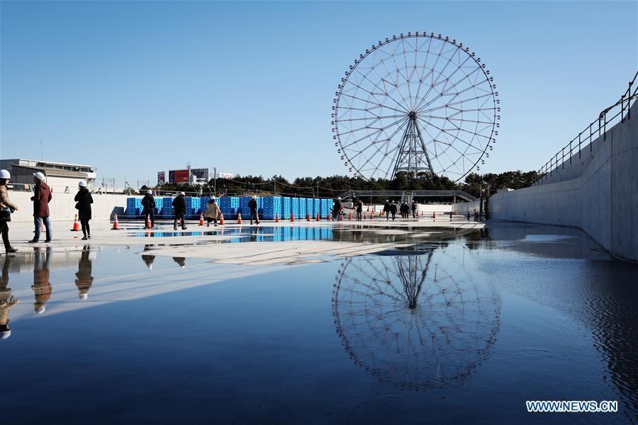 Kasai Canoe Slalom Centre, one of the Tokyo 2020 Olympic Games venues, is under construction in Tokyo, Japan, on Feb. 12, 2019. This venue for canoe slalom games has been finished 74% construction works till the end of last month. (Xinhua/Du Xiaoyi)