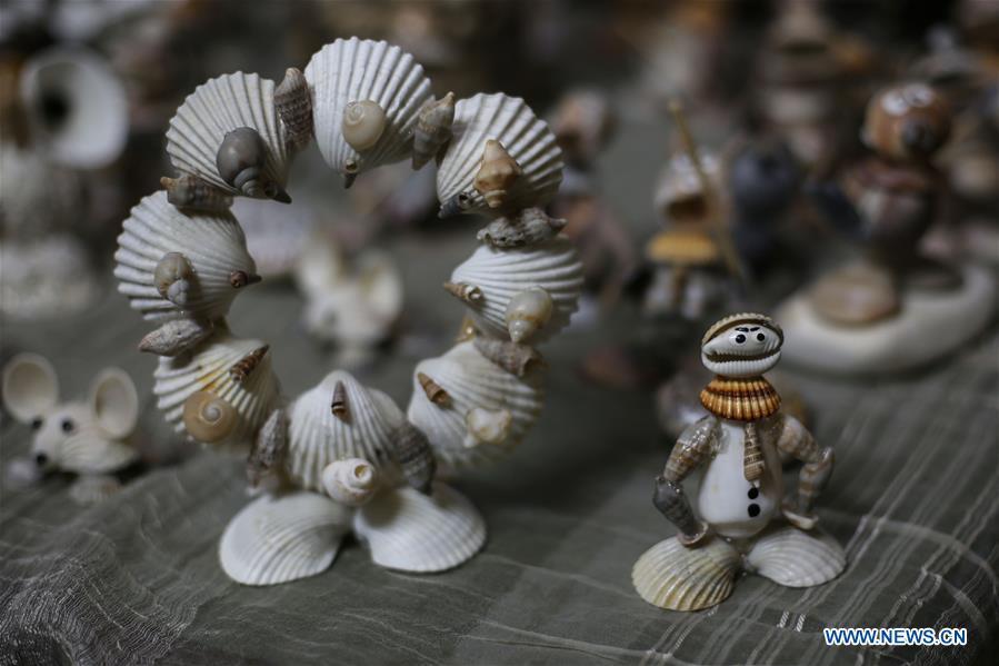 Photo shows art pieces made by Palestinian young man Ahmed al-Madhoun with seashells at his house in Gaza City, on Feb. 10, 2019. A Palestinian young man from Gaza turns seashells into beautiful artifacts that adorn his home to satisfy his passion for this type of art. Using seashells he collects from Gaza beaches, 31-year-old Ahmed al-Madhoun makes various art pieces such as animals, birds and some funny characters. Al-Madhoun, who holds a college degree in radio and television engineering and works for a local telecommunication company, has been collecting multiple forms of seashells from the Gaza seashore for more than four years. The young man began the hobby of seashell art about a year and a half ago, and he already made large numbers of art pieces. (Xinhua/Stringer)