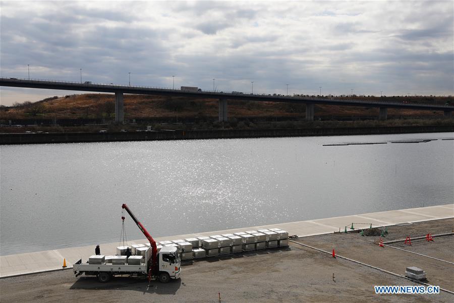 Sea Forest Waterway, one of the Tokyo 2020 Olympic Games venues, is under construction in Tokyo, Japan, on Feb. 12, 2019. This venue for canoe (sprint) and rowing games has been finished 77% construction works till the end of last month. (Xinhua/Du Xiaoyi)