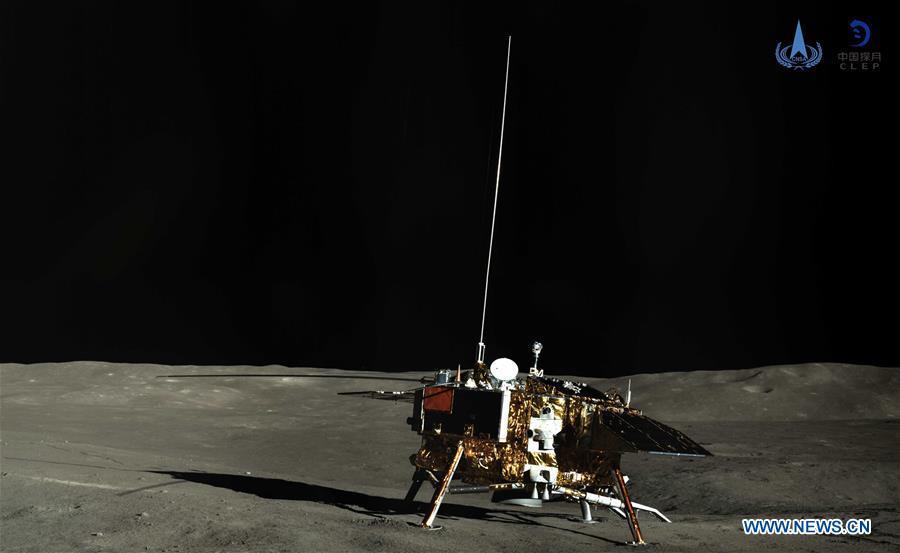 Panoramic photo shows the lander of the Chang\'e-4 probe. The lander and the rover of the Chang\'e-4 probe have been switched to dormant mode for the lunar night after working stably during the past lunar day, the China National Space Administration (CNSA) announced Wednesday. (Xinhua/China National Space Administration)